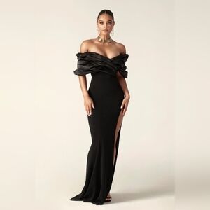 Aliava Alieva Black Presley Crepe Ruffle Shoulder Gown Dress ALTERED
